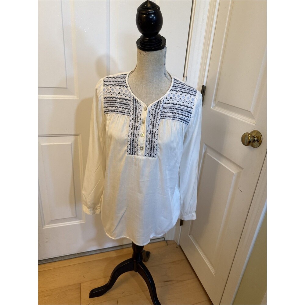 EMBROIDERED RAYON BLOUSE j Jill White Blue Size XS Longsleeved Top
